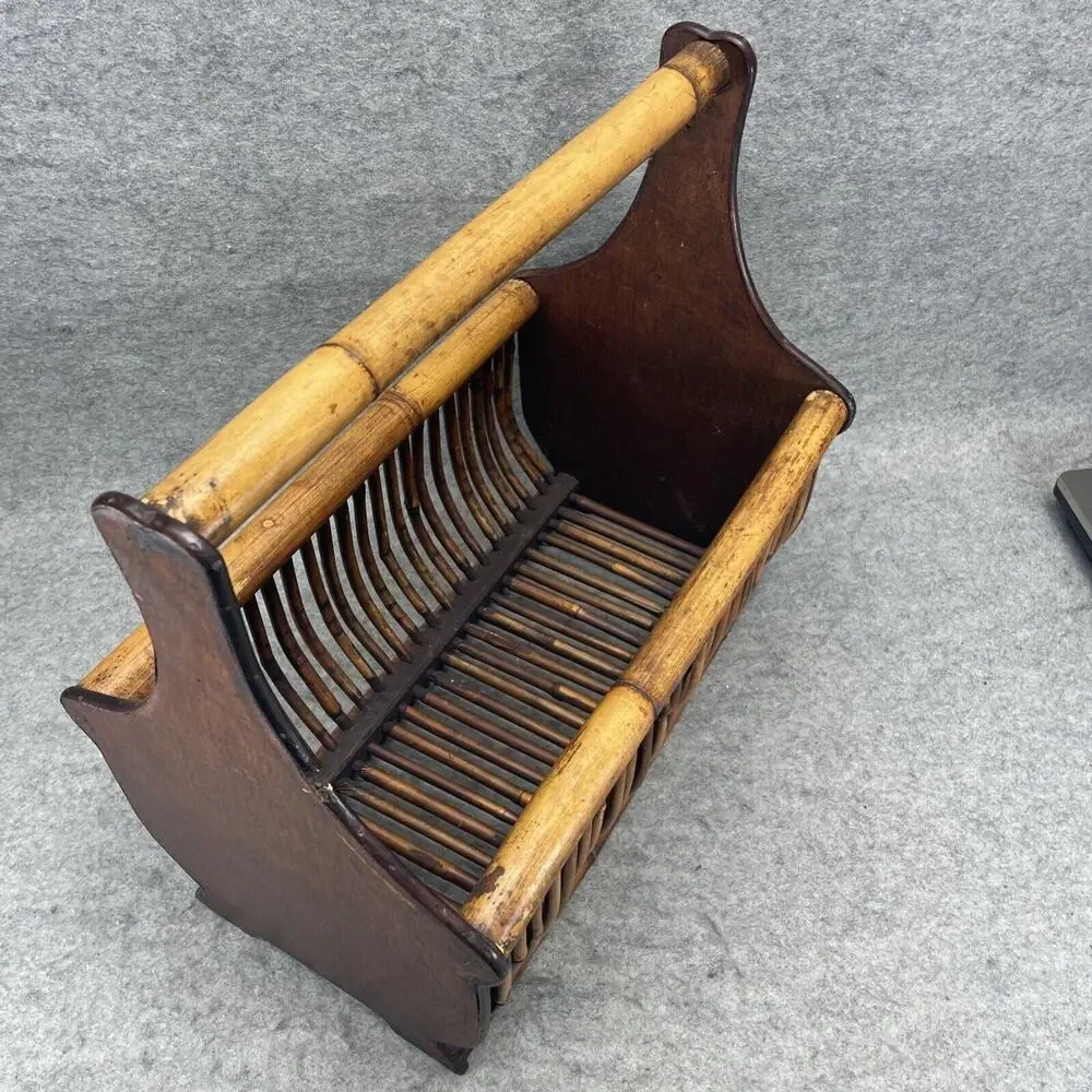 VTG Mid Century Modern Burnt Rattan Tortoise Tiger Bamboo Magazine Rack Basket